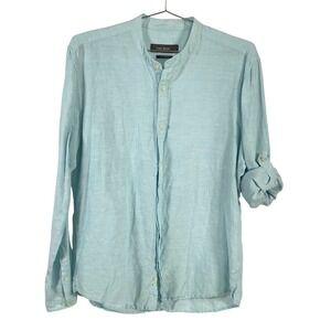 Easy Wear Shirt Womens 4 Light Blue Linen Blend Roll Tab Long Sleeve Band Collar